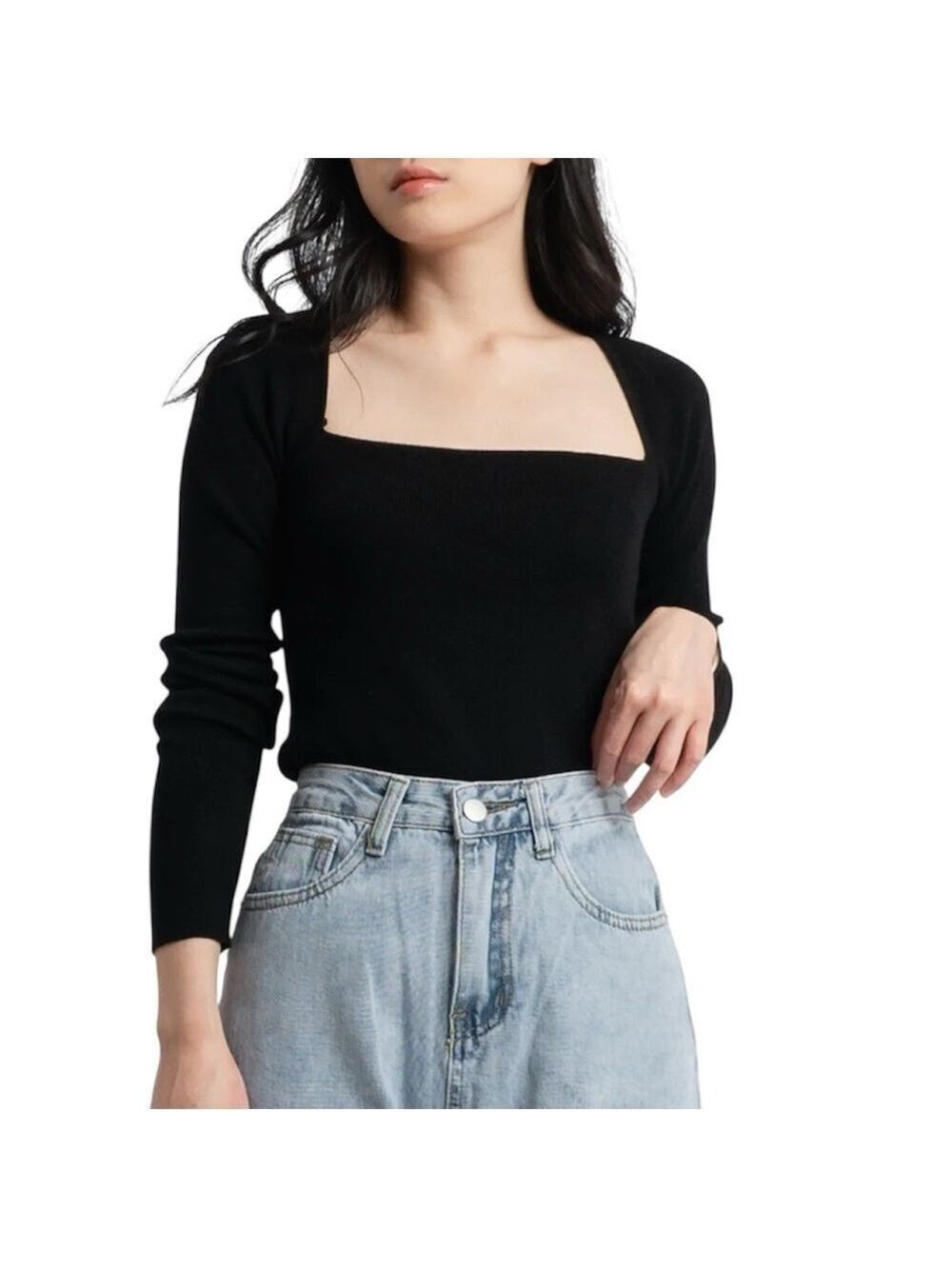 Emory Park Ribbed Knit Square Neck Stretch Long Sleeve Fine Knit Sweater